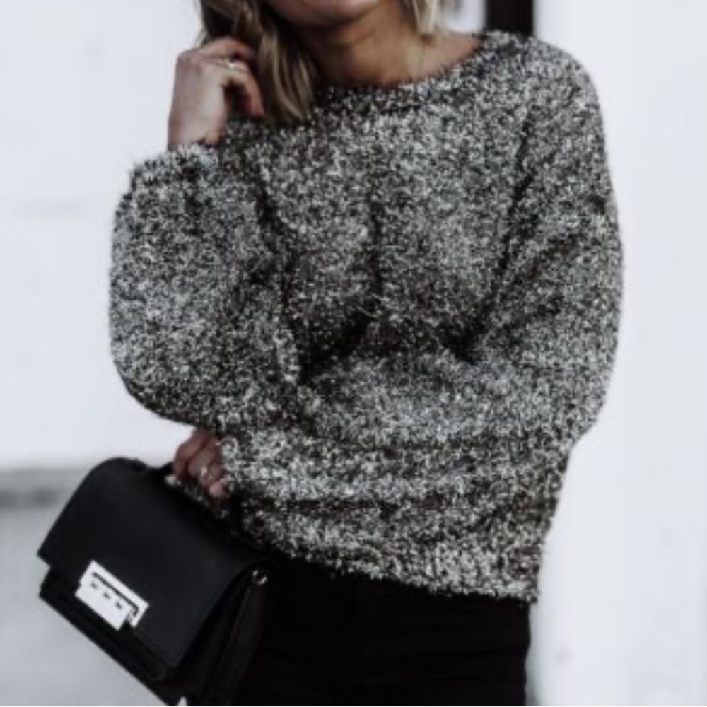 Leith Oversized Tinsel Knit Metallic Sweater - XS